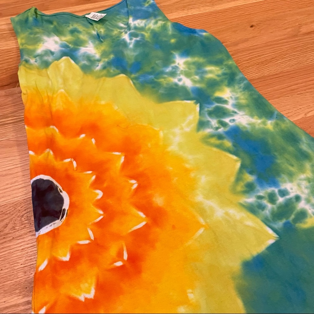Hand tie dyed sleeveless dress yellow orange sunflower blue sky size M - Picture 3 of 7